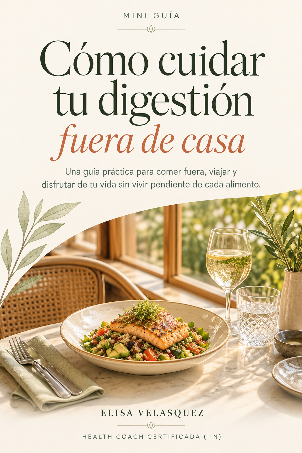 Portada de la mini guía “Cómo cuidar tu digestión fuera de casa” de Elisa Velasquez